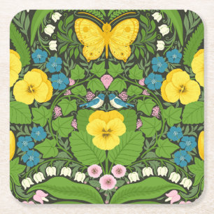 Dessous De Verre Carré Pansies jaunes, oiseaux et papillons
