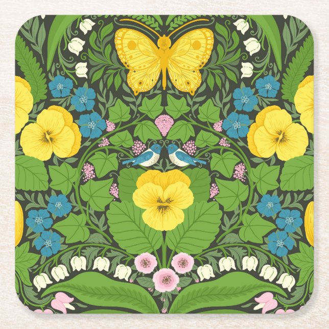 Dessous De Verre Carré Pansies jaunes, oiseaux et papillons (Devant)