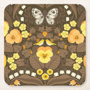 Dessous De Verre Carré Pansies jaunes, oiseaux et papillons
