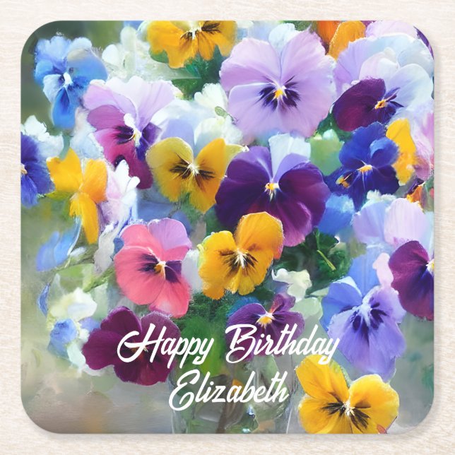 Dessous De Verre Carré Pansies Joyeux anniversaire (Devant)