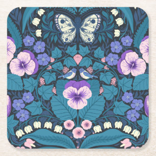 Dessous De Verre Carré Pansies, oiseaux et papillons