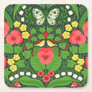 Dessous De Verre Carré Pansies rouges, oiseaux et papillons