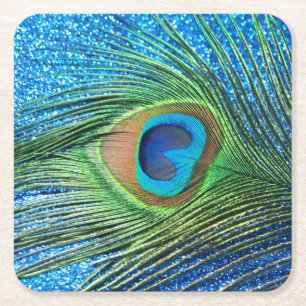 Dessous De Verre Carré Paon bleu scintillant