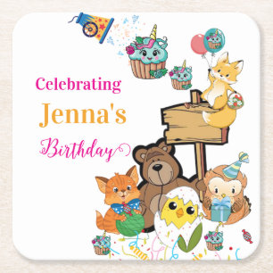 Dessous De Verre Carré Papier Coasters Joyeux Anniversaire Renard Oiseaux