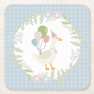 Dessous De Verre Carré Papier En vichy floral à oie fine bleue