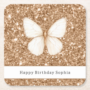Dessous De Verre Carré Papillon Blanc Anniversaire Pailleté Faux Or