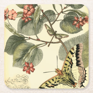 Dessous De Verre Carré Papillon et libellule à fleurs rouges