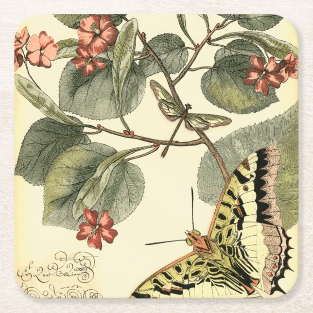 Dessous De Verre Carré Papillon et libellule à fleurs rouges (Devant)