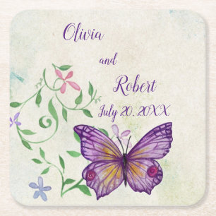 Dessous De Verre Carré Papillon pourpre à aquarelle personnalisée
