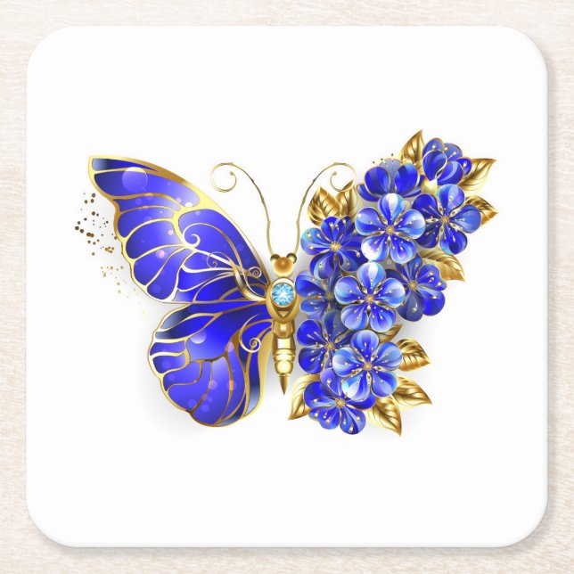 Dessous De Verre Carré Papillon saphir à fleurs (Devant)