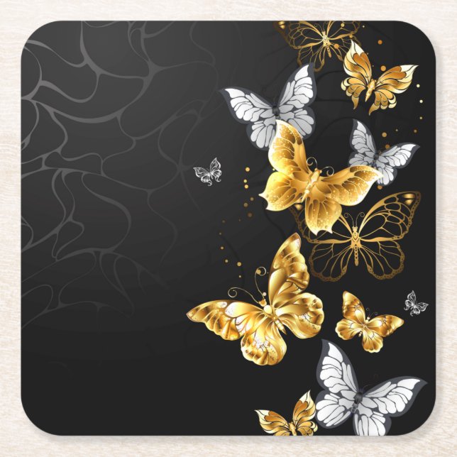 Dessous De Verre Carré Papillons blancs et dorés (Devant)