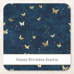 Dessous De Verre Carré Papillons Bleu Or Anniversaire