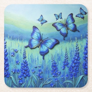 Dessous De Verre Carré Papillons bleus avec des fleurs bleues,