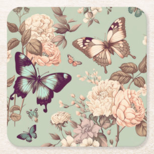 Dessous De Verre Carré Papillons et fleurs vert pastel