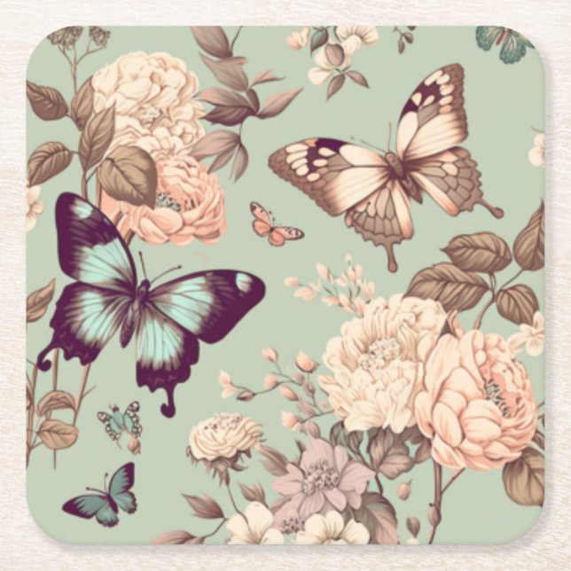 Dessous De Verre Carré Papillons et fleurs vert pastel (Devant)