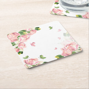 Dessous De Verre Carré papillons feuille verts aux fleurs roses chaudes