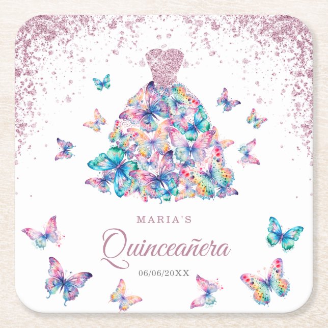Dessous De Verre Carré Papillons rose Gold Sparkling Gown Quinceanera (Devant)