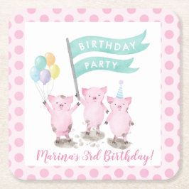 Dessous De Verre Carré Parti Anniversaire de enfant rose Piggys