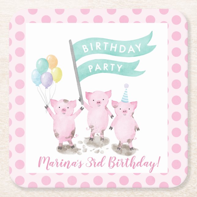 Dessous De Verre Carré Parti Anniversaire de enfant rose Piggys (Devant)