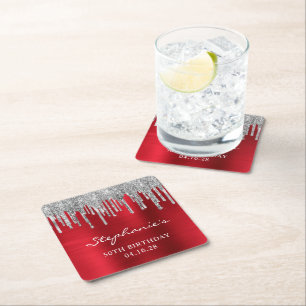 Dessous De Verre Carré Parties scintillant argent gouttes rouge huile 50e