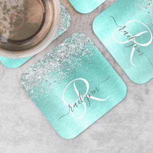 Dessous De Verre Carré Parties scintillant argentée turquoise en métal br