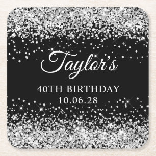 Dessous De Verre Carré Parties scintillant d'argent Noir 40e anniversaire