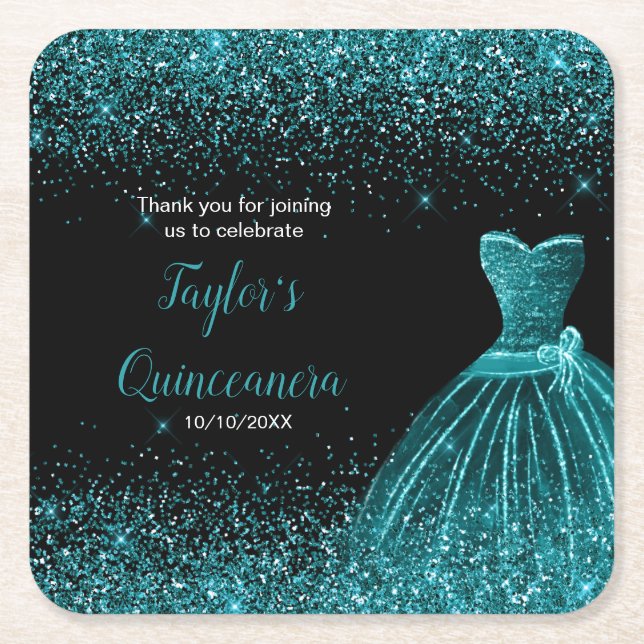 Dessous De Verre Carré Parties scintillant de Quinceanera Blue Turquoise  (Devant)