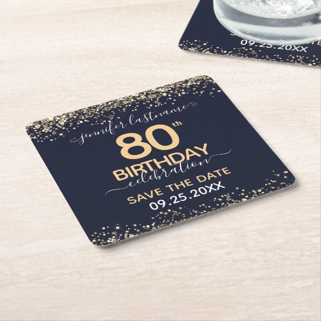 Dessous De Verre Carré Parties scintillant d'or 80e anniversaire Enregist (Incliné)