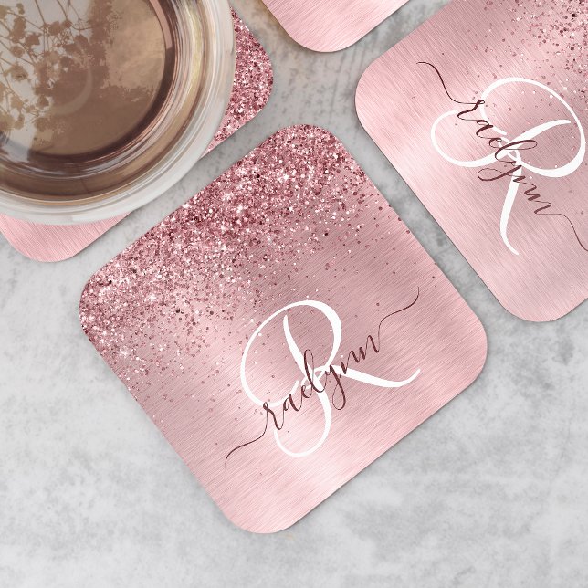 Dessous De Verre Carré Parties scintillant en métal brossé rose pâle Nom  (Créateur téléchargé)