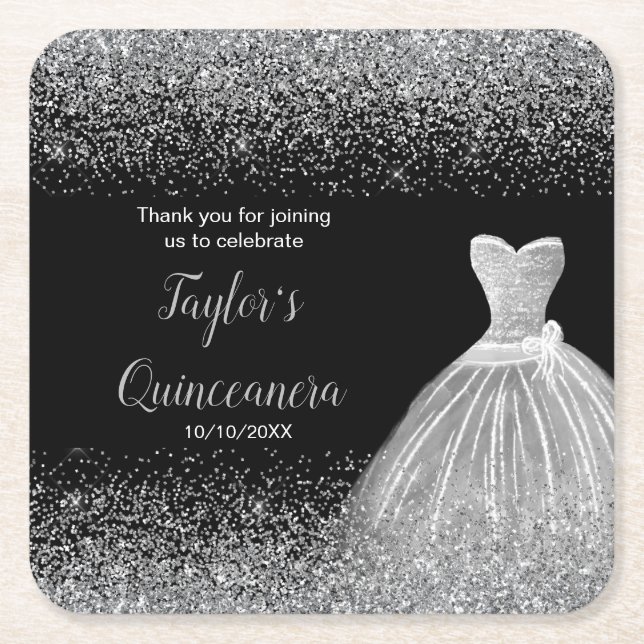 Dessous De Verre Carré Parties scintillant Quinceanera Silver Faux (Devant)