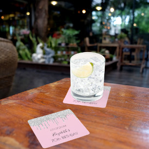 Dessous De Verre Carré Parties scintillant rose argent gouttes nom annive