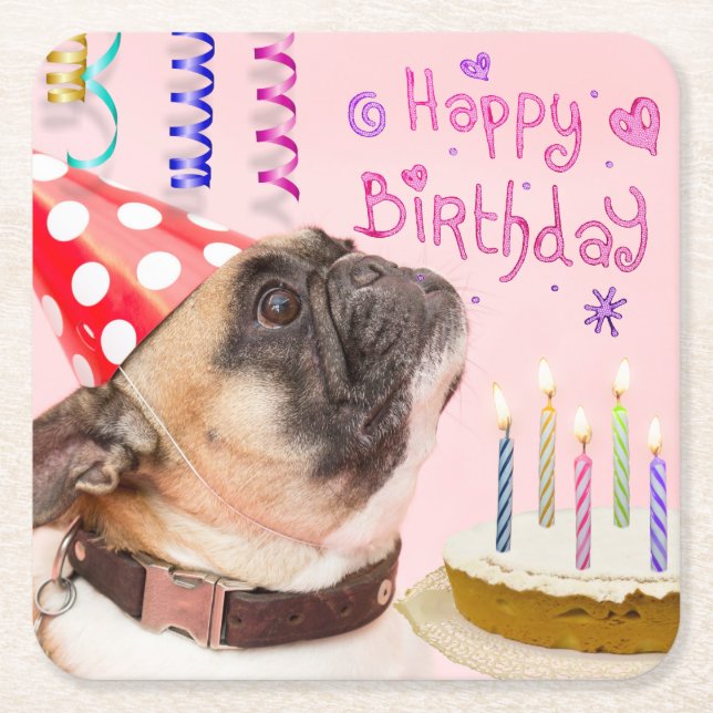 Dessous De Verre Carré Party Pug and Birthday Cake Cute (Devant)