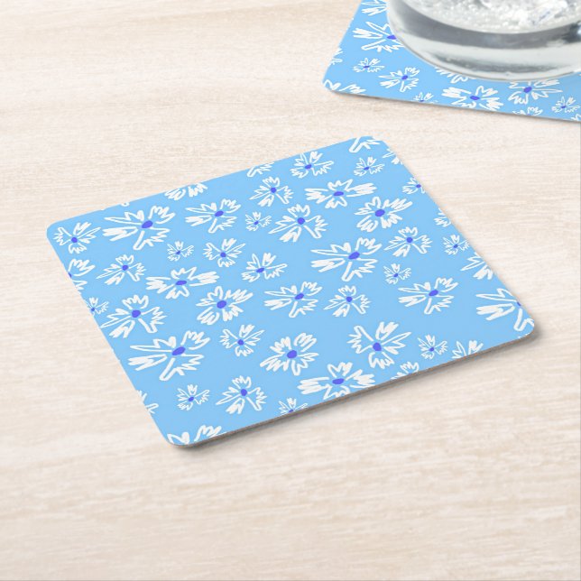Dessous De Verre Carré Pastel Jolie Fleurs Bleues et Blanches (Incliné)
