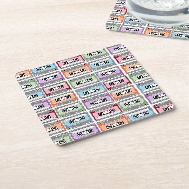 Dessous De Verre Carré Pastel Retro Cassette Tapes Pattern (Incliné)