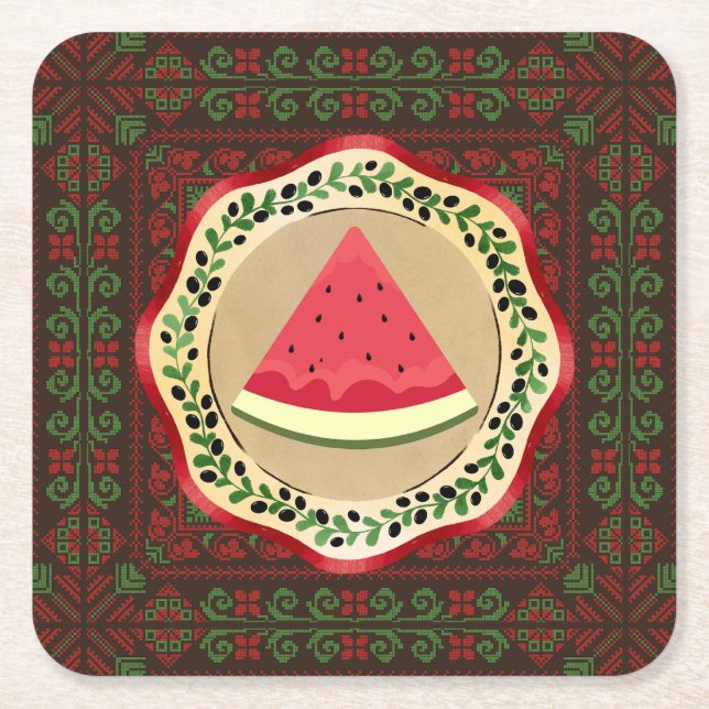 Dessous De Verre Carré pastèque sur plaque d'olive avec tatreez palestini (Devant)