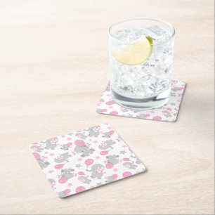 Dessous De Verre Carré Pattern of Elephants, Cute Elephants - Pink Gray