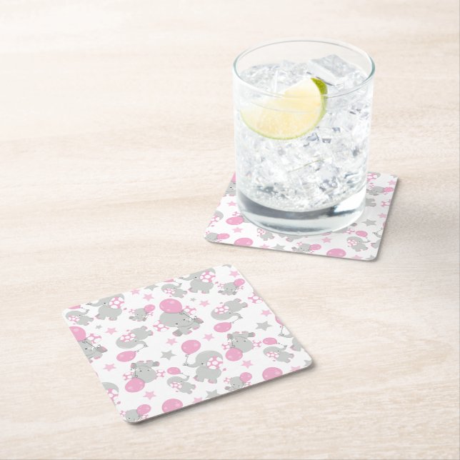 Dessous De Verre Carré Pattern of Elephants, Cute Elephants - Pink Gray (En situation)