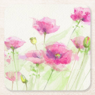 Dessous De Verre Carré Pavots peints 3 d'aquarelle