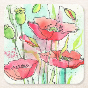 Dessous De Verre Carré Pavots peints d'aquarelle