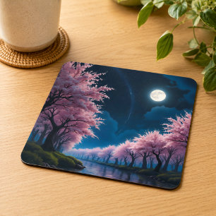 Dessous De Verre Carré Paysage Anime de Cerisier sous la Lune