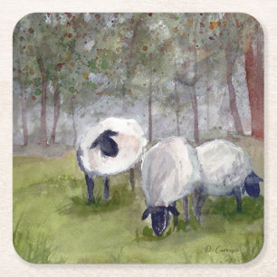 Dessous De Verre Carré Paysage des moutons d'aquarelle