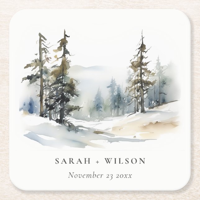 Dessous De Verre Carré Paysage des neiges d'hiver Mariage d'aquarelle (Devant)