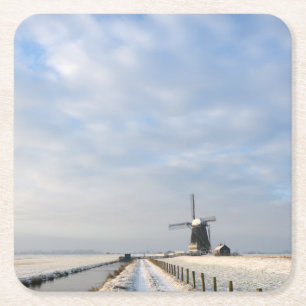 Dessous De Verre Carré Paysage hivernal avec neige et moulin à vent en H