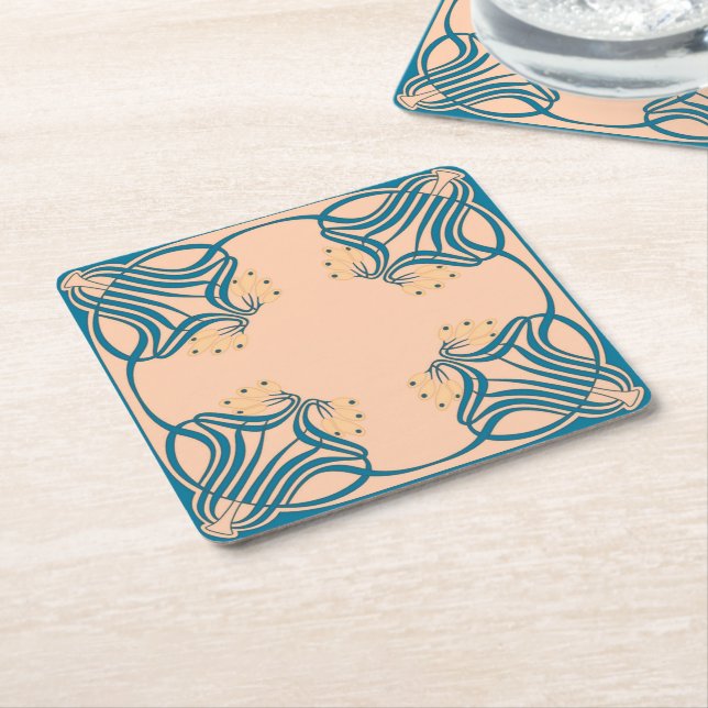 Dessous De Verre Carré Peach Turquoise Art Nouveau (Incliné)