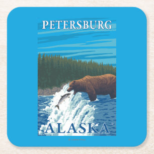 Dessous De Verre Carré Pêche d'ours en rivière - Pétersbourg, Alaska