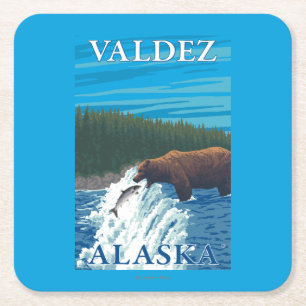 Dessous De Verre Carré Pêche d'ours en rivière - Valdez, Alaska