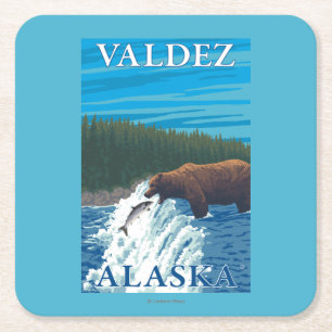 Dessous De Verre Carré Pêche d'ours en rivière - Valdez, Alaska