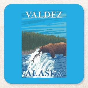 Dessous De Verre Carré Pêche d'ours en rivière - Valdez, Alaska