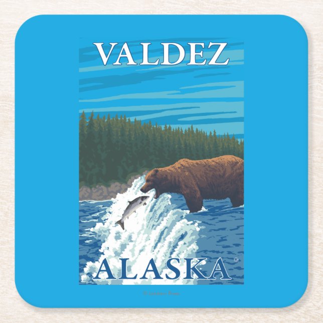 Dessous De Verre Carré Pêche d'ours en rivière - Valdez, Alaska (Devant)