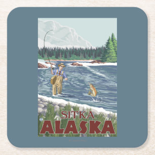 Dessous De Verre Carré Pêcheur de mouche - Sitka, Alaska